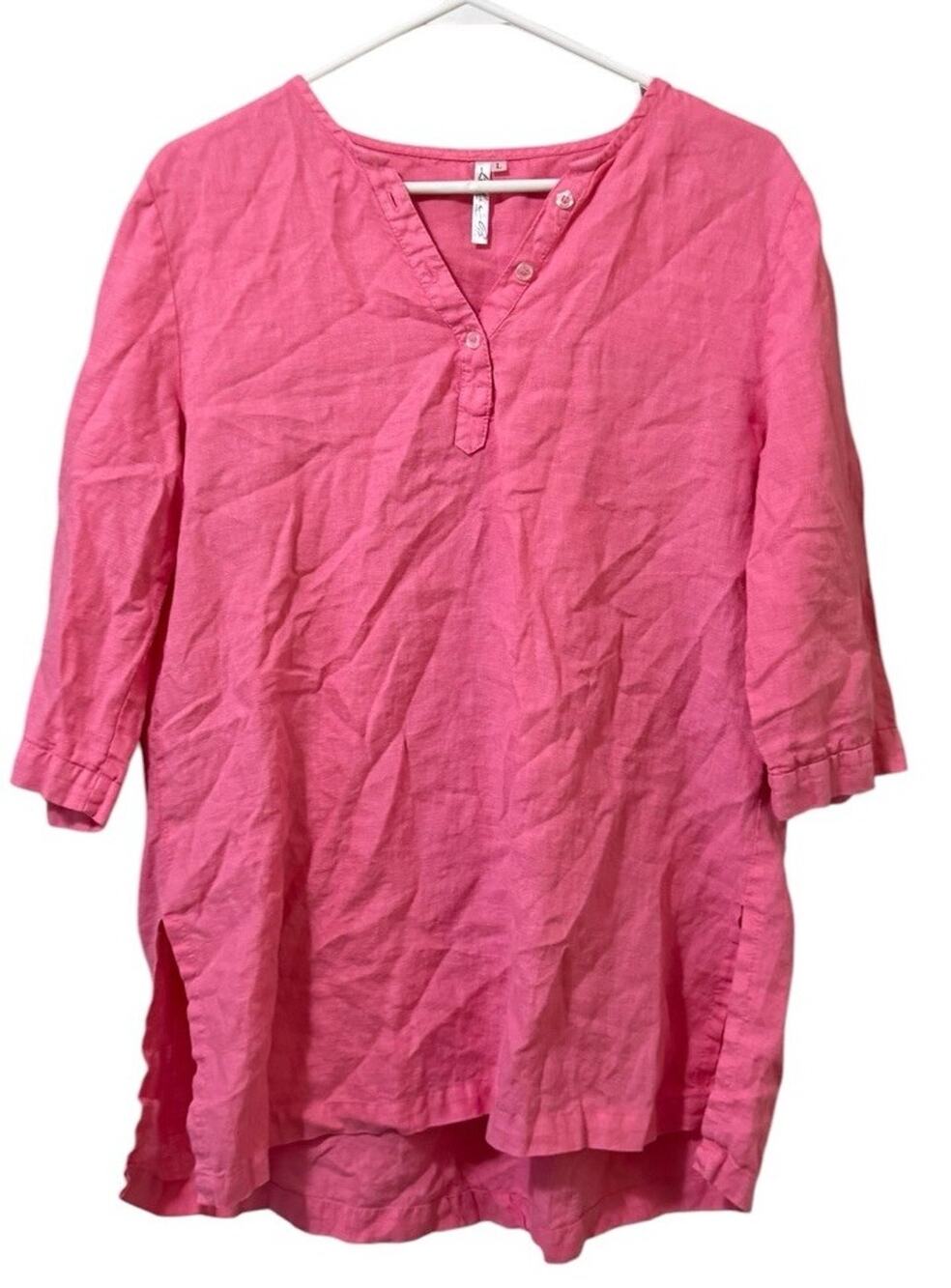 Lulu B Women Sz Large Linen Tunic Top V Neck 3/4 Sleeves Buttons Beach‎ Vacation